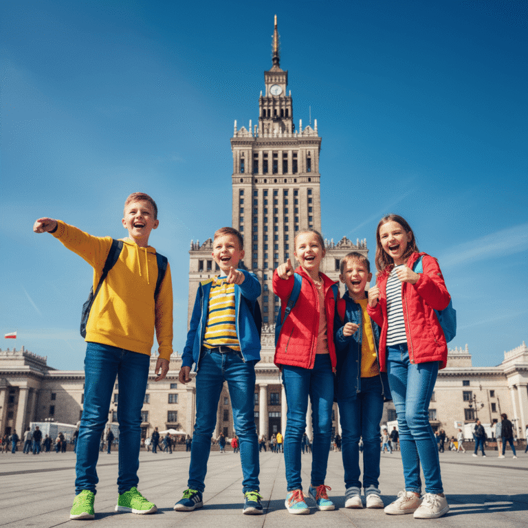 Grupa uczniów na wycieczce szkolnej w Warszawie, z zachwytem patrząca na Pałac Kultury i Nauki.